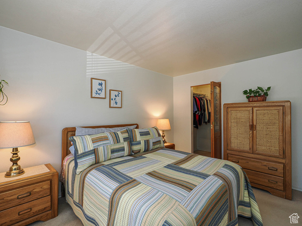Bedroom featuring a closet, a walk in closet, and light carpet