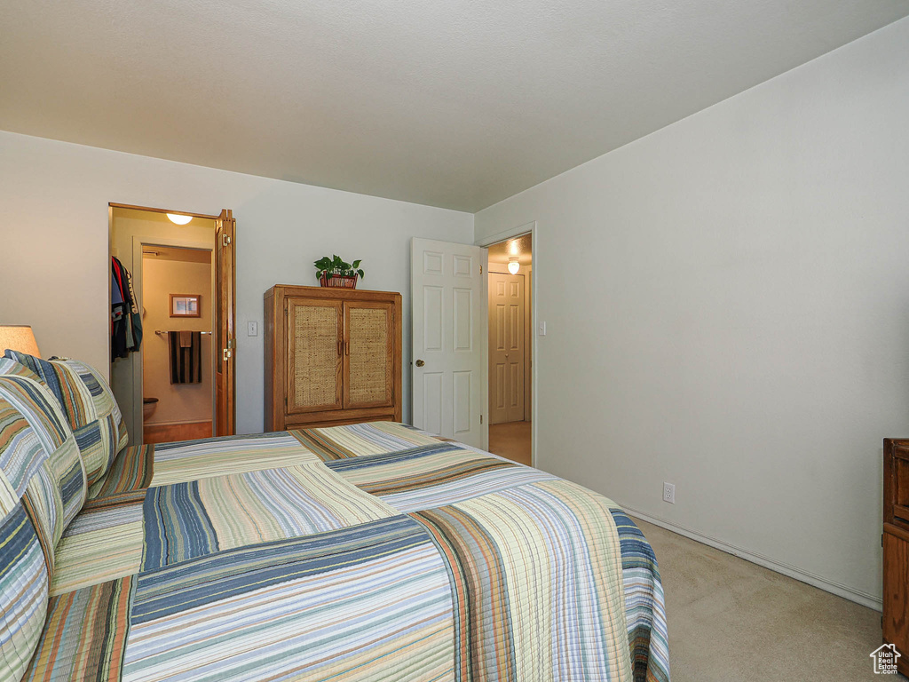 Bedroom with light colored carpet