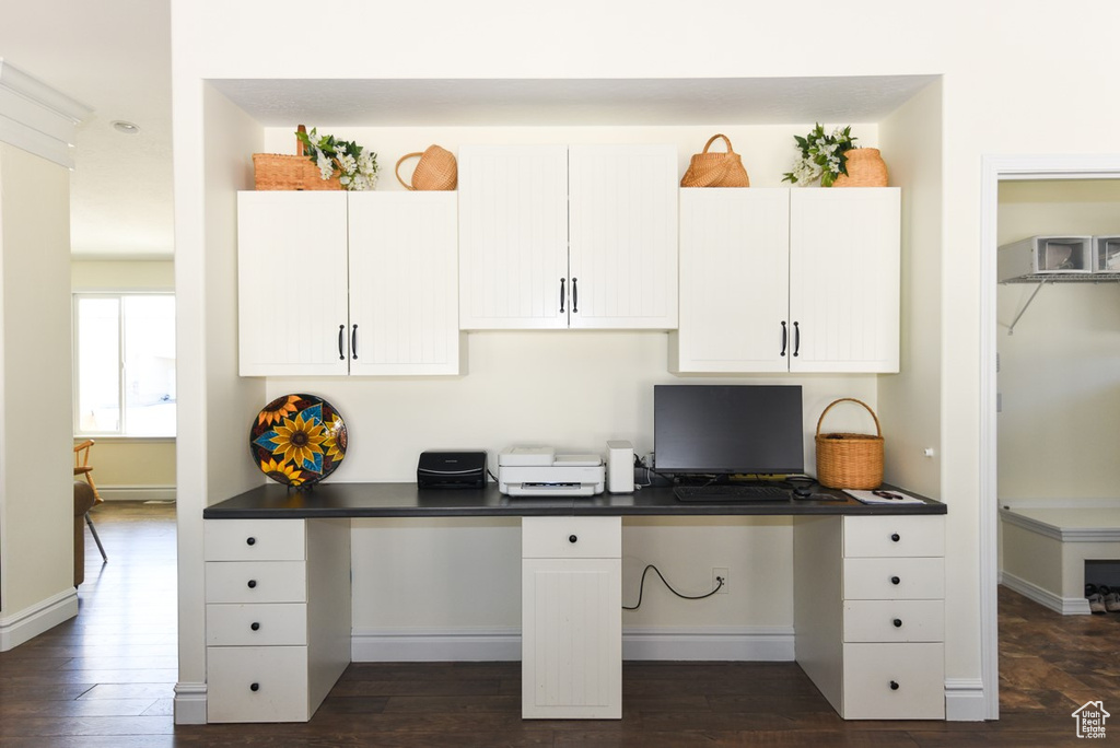 Office area with dark wood-type flooring and built in desk
