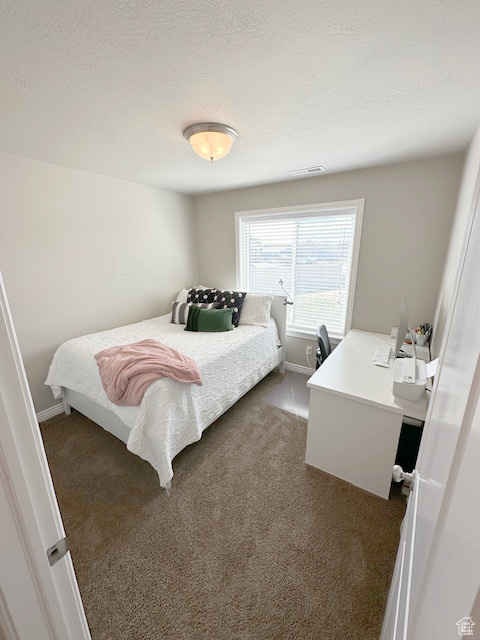 Carpeted bedroom featuring a textured ceiling