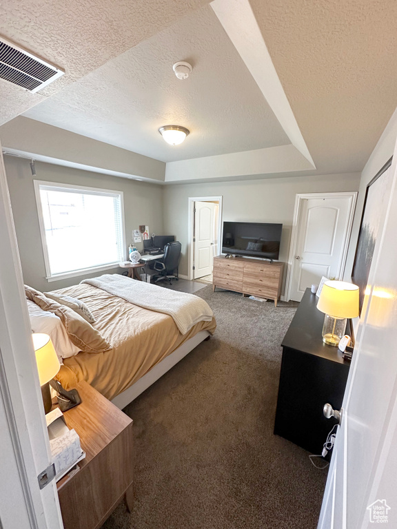 Carpeted bedroom featuring a textured ceiling