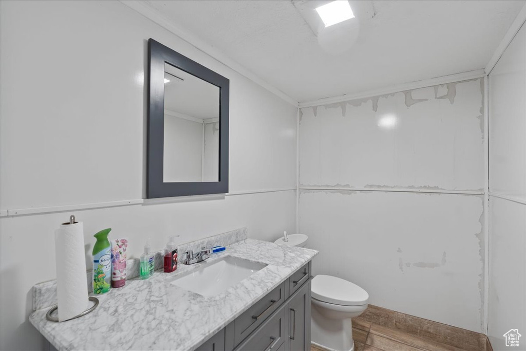 Bathroom with toilet, wood finished floors, and vanity