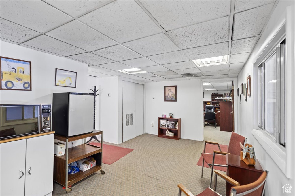 Living area featuring carpet and a paneled ceiling