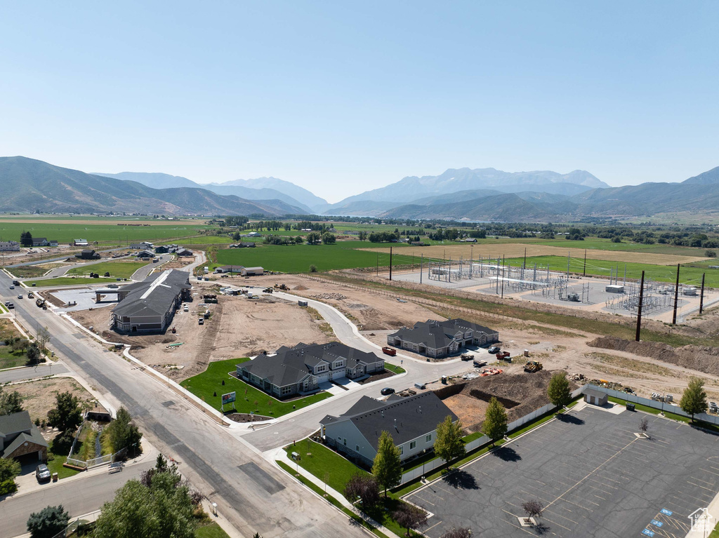 Aerial view featuring a mountain view and a rural view