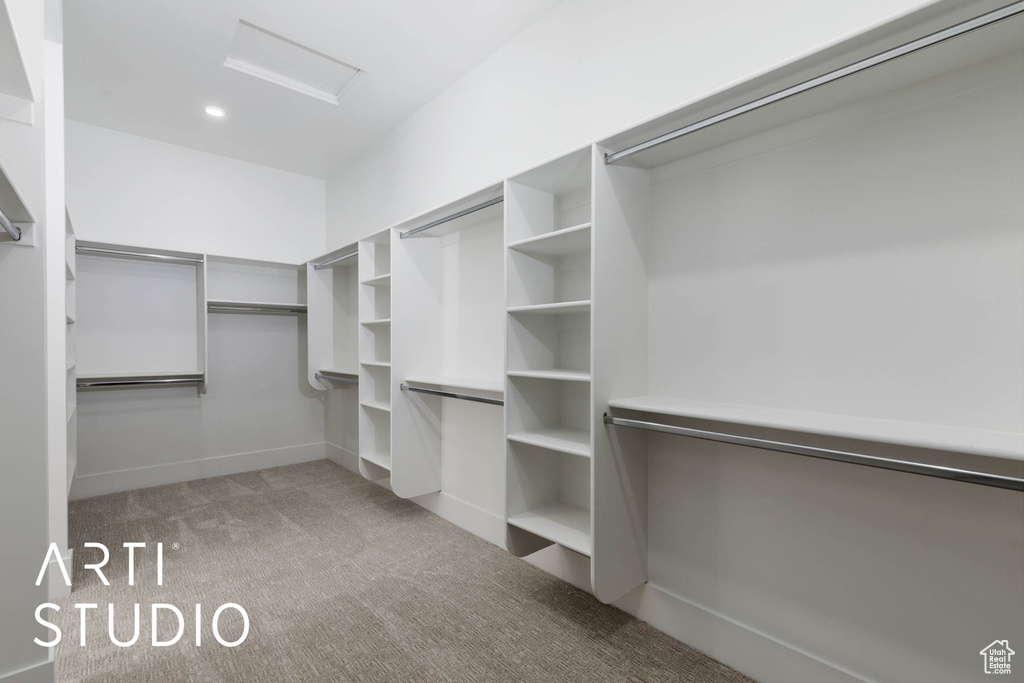 Walk in closet featuring attic access and carpet