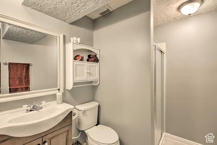Full bathroom featuring a shower stall, toilet, vanity, and a textured ceiling