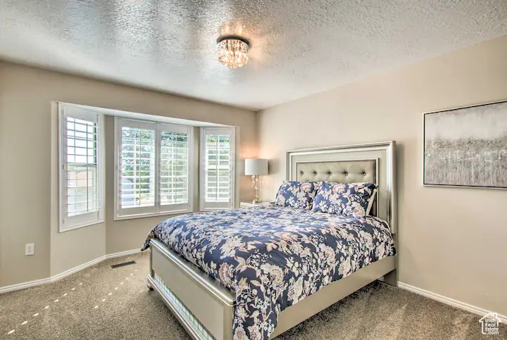 Bedroom with carpet floors, a textured ceiling, visible vents, and baseboards