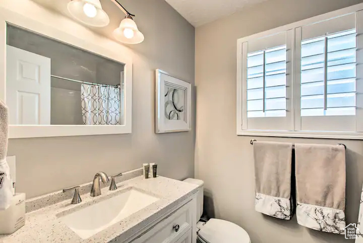 Full bathroom featuring vanity, curtained shower, and toilet