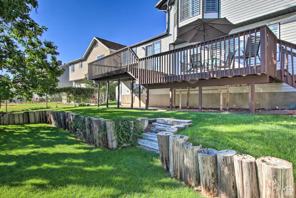 View of yard with fence and a deck