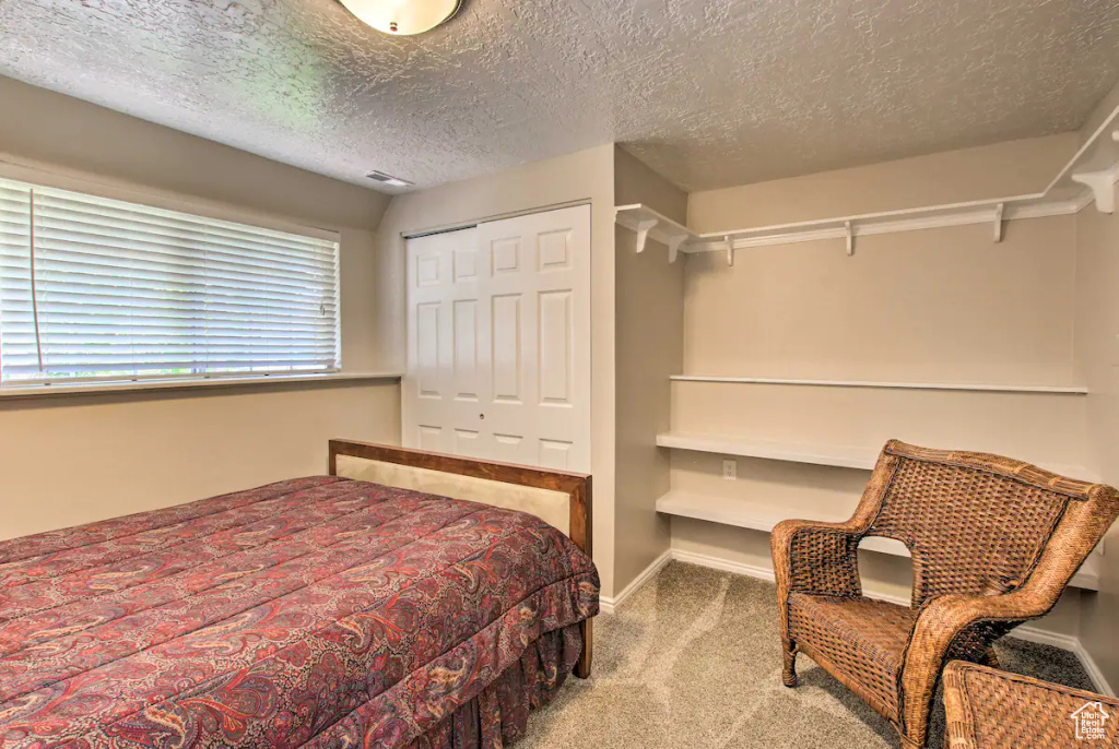 Carpeted bedroom featuring baseboards, a textured ceiling, and a closet