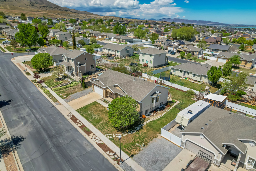 Birds eye view of property with a mountain view and a residential view