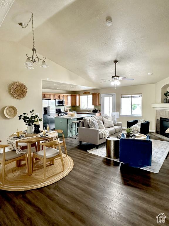 Living area featuring a textured ceiling, dark wood-style flooring, plenty of natural light, a ceiling fan, and a fireplace