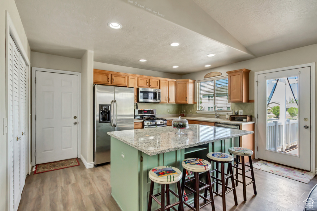 Kitchen featuring light wood-style floors, a kitchen breakfast bar, stainless steel appliances, recessed lighting, and a kitchen island