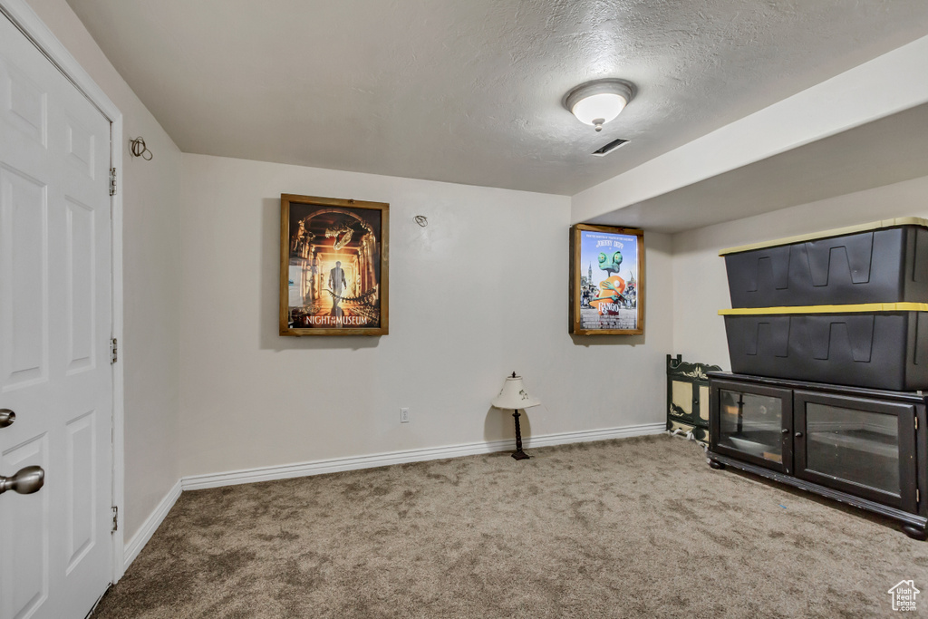 Interior space with baseboards, a textured ceiling, and carpet