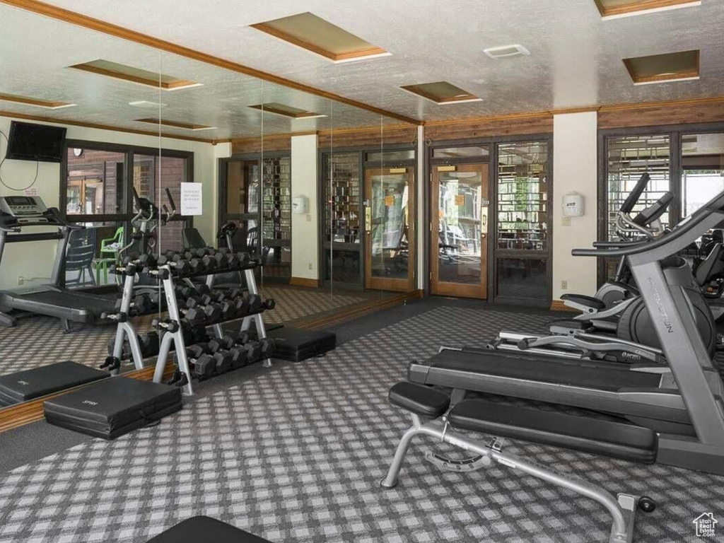 Exercise room featuring attic access, a textured ceiling, carpet flooring, and ornamental molding