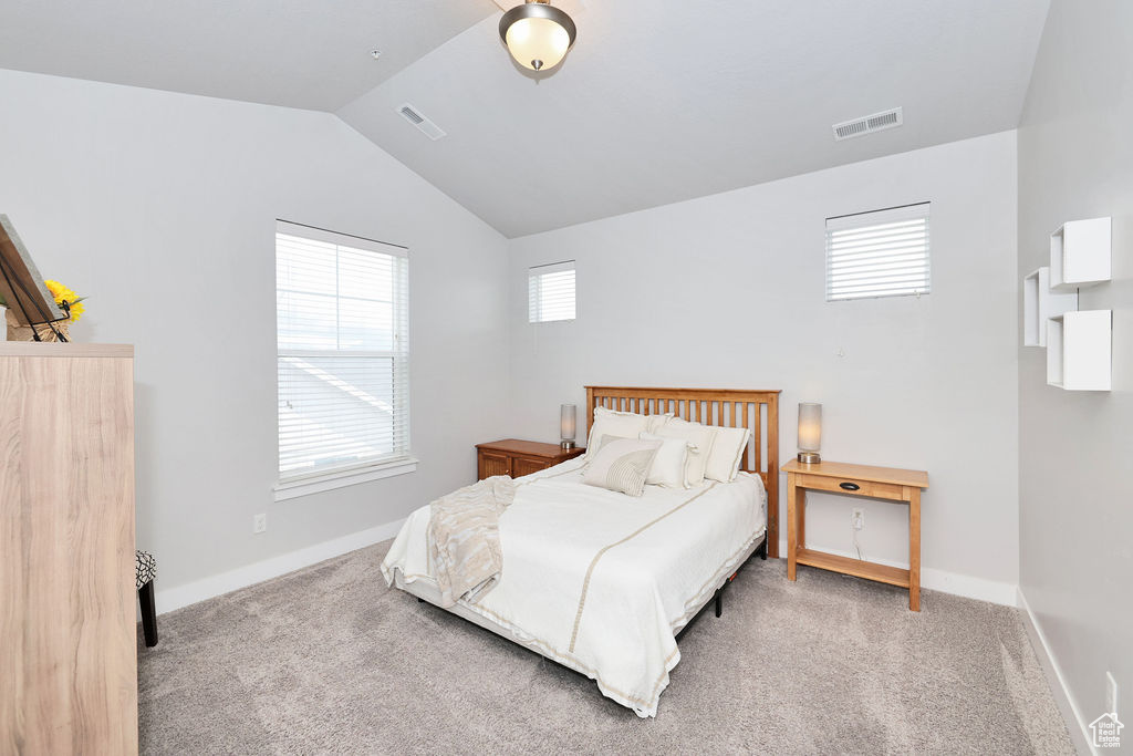 Bedroom featuring visible vents, carpet, vaulted ceiling, and multiple windows