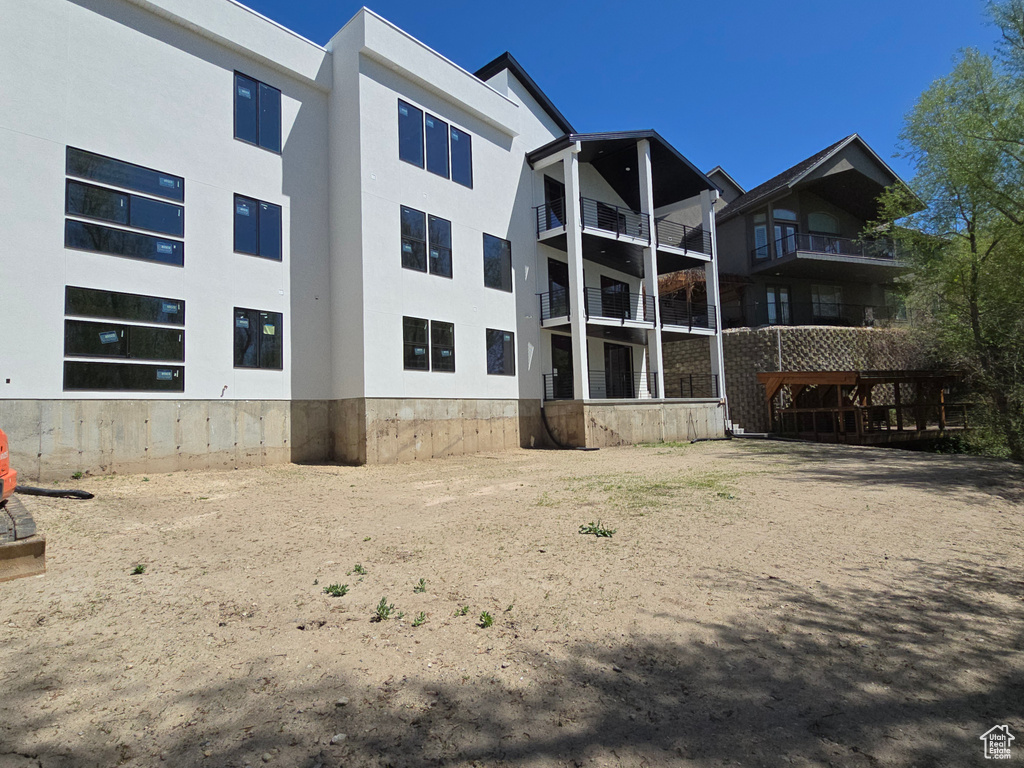 Exterior space with stucco siding