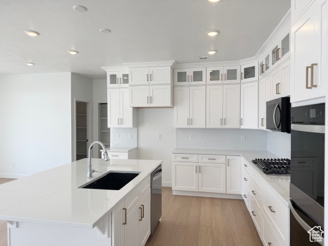 Kitchen featuring appliances with stainless steel finishes, a sink, light countertops, recessed lighting, and light wood-type flooring