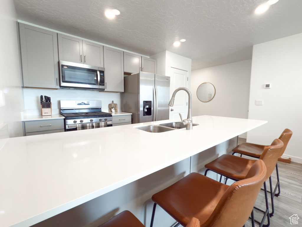 Kitchen with gray cabinetry, a sink, stainless steel appliances, recessed lighting, and light wood-style flooring