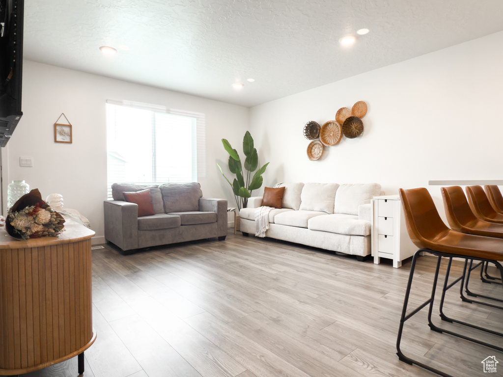 Living area featuring recessed lighting and light wood-style flooring