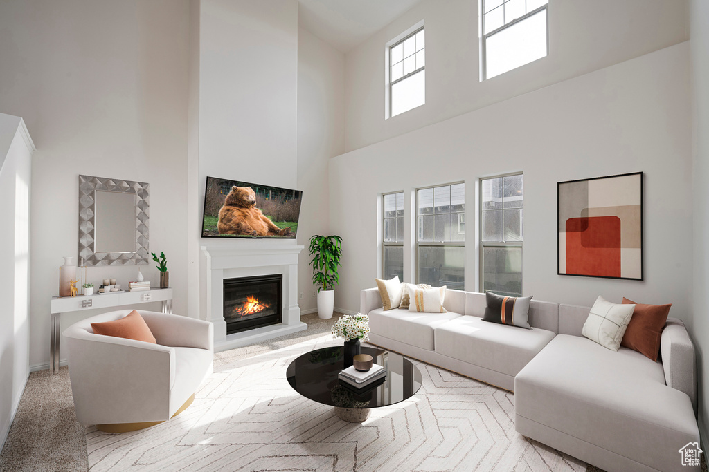 Carpeted living room with a high ceiling and a glass covered fireplace