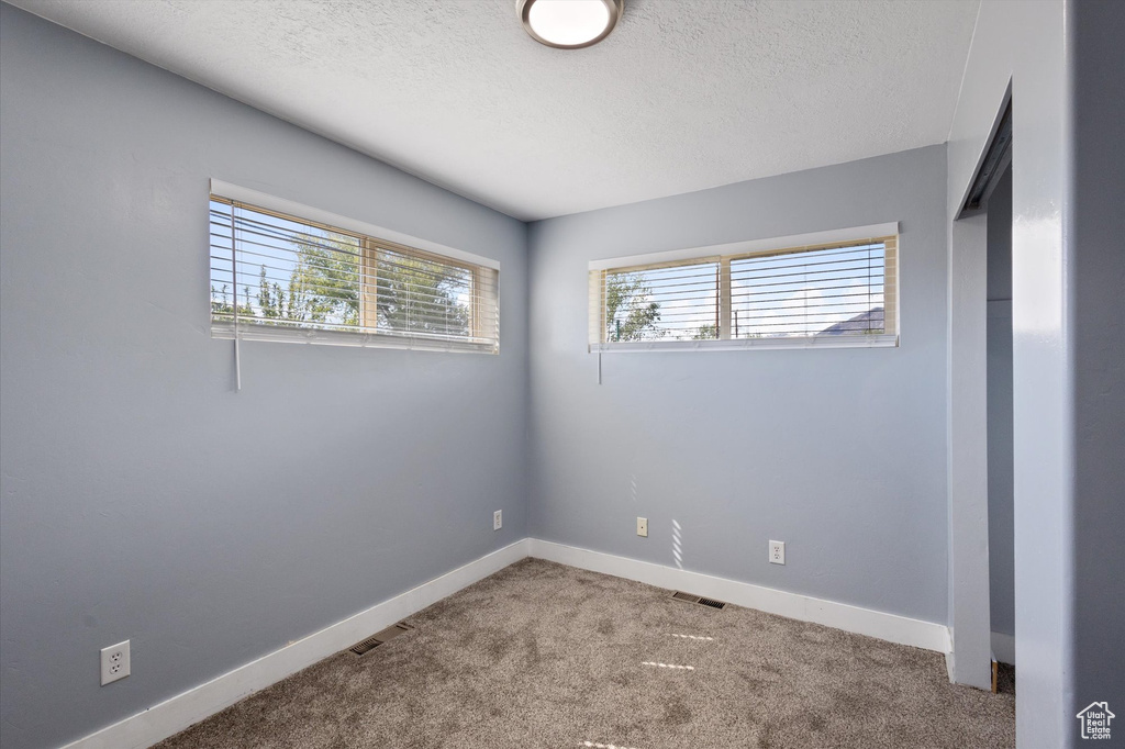 Empty room featuring carpet flooring, baseboards, and a textured ceiling