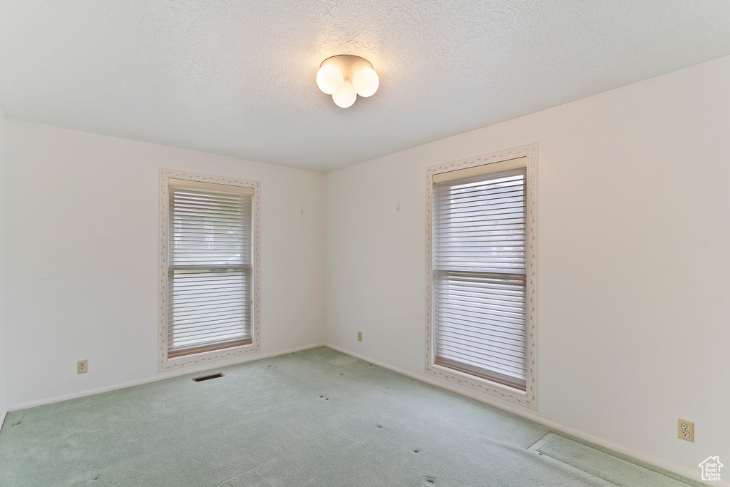 Spare room featuring visible vents, a textured ceiling, baseboards, and light carpet