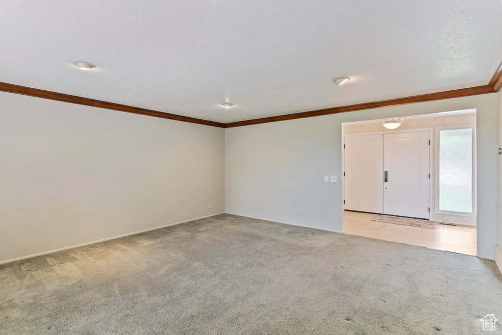 Unfurnished room featuring crown molding and light colored carpet