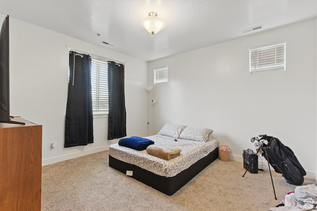 Carpeted bedroom with baseboards and visible vents