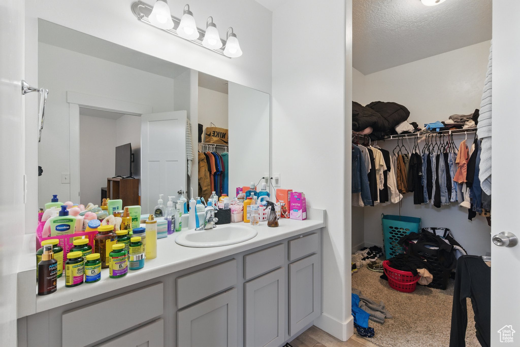 Bathroom with vanity and a walk in closet
