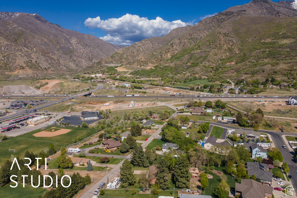 Aerial view featuring a mountain view