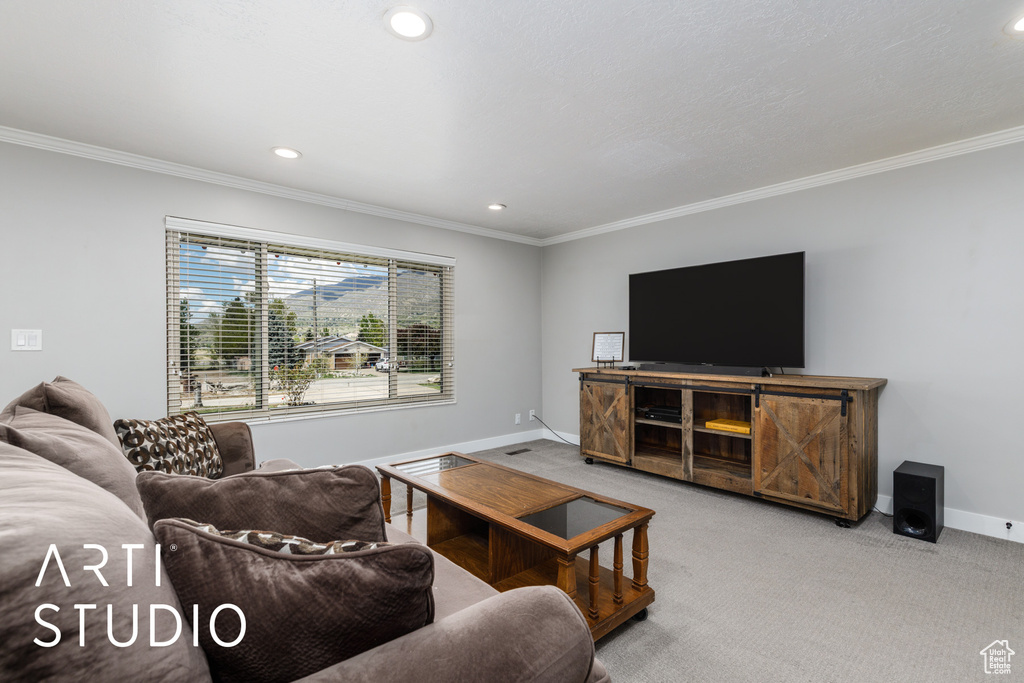 Living area with crown molding, carpet flooring, baseboards, and recessed lighting
