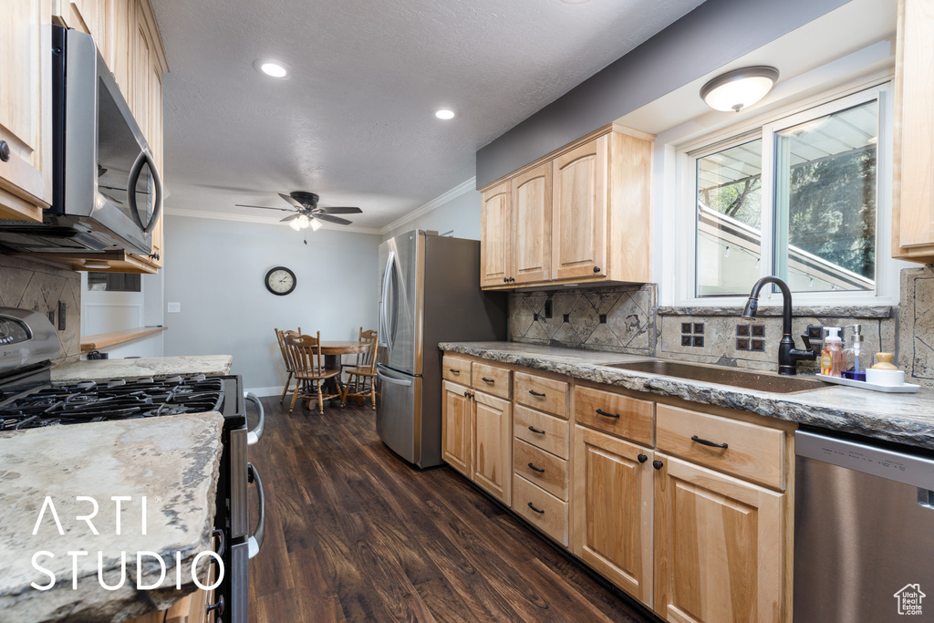 Kitchen with crown molding, light brown cabinetry, a sink, backsplash, and stainless steel appliances
