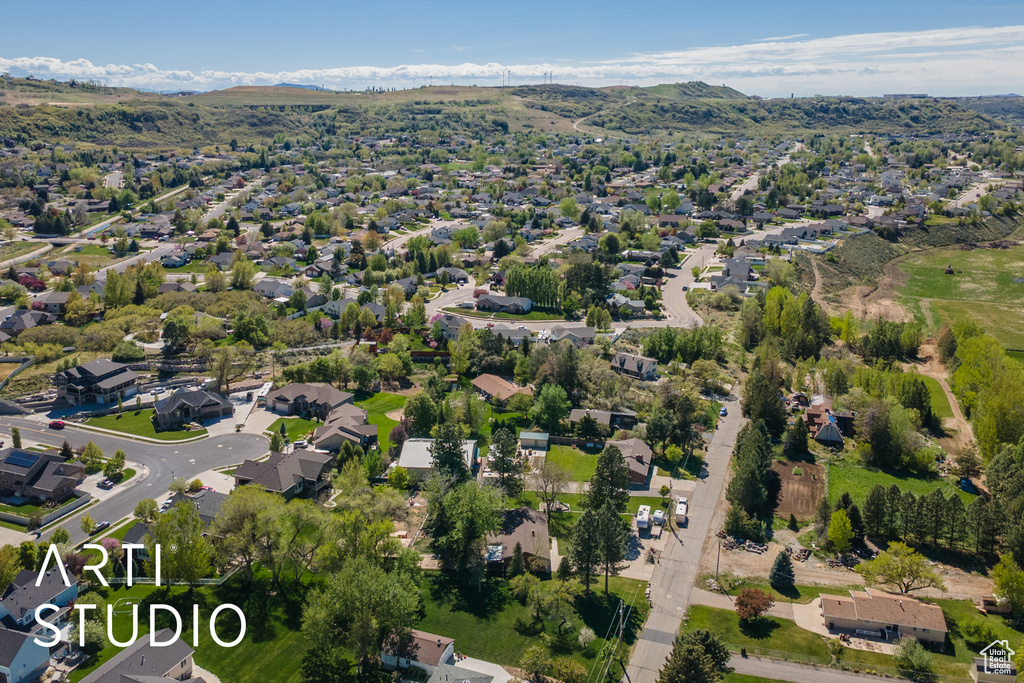 Aerial view with a residential view and a mountain view