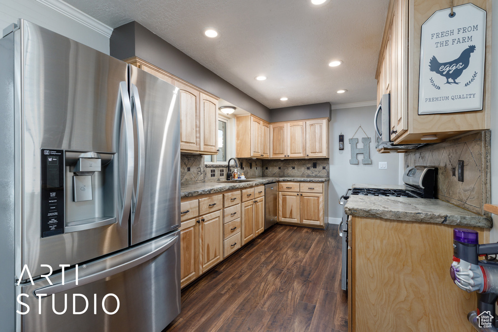 Kitchen with light brown cabinetry, appliances with stainless steel finishes, dark wood-style floors, recessed lighting, and ornamental molding