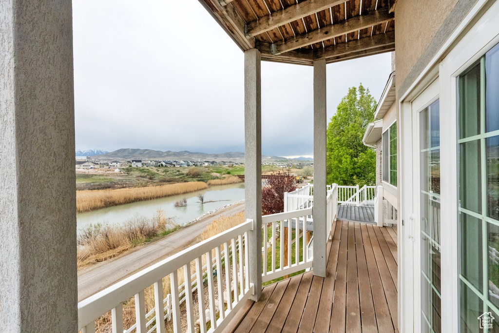 Wooden deck with a water view