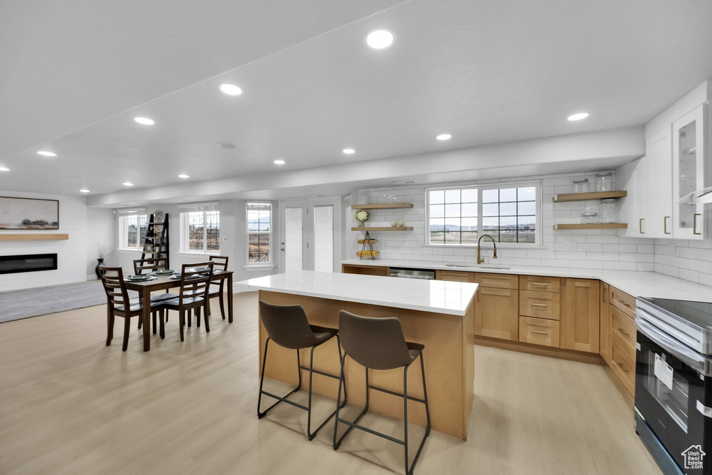 Kitchen featuring light wood-type flooring, open shelves, a sink, and stainless steel electric stove