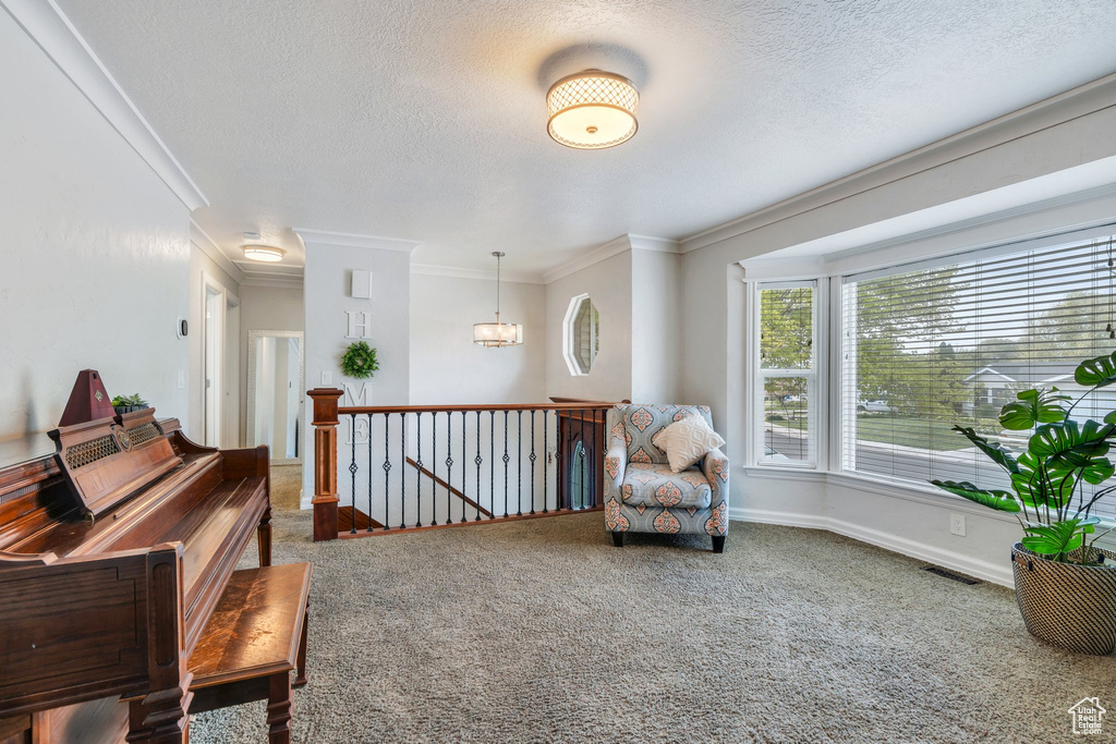 Living area with crown molding, an upstairs landing, carpet, and visible vents
