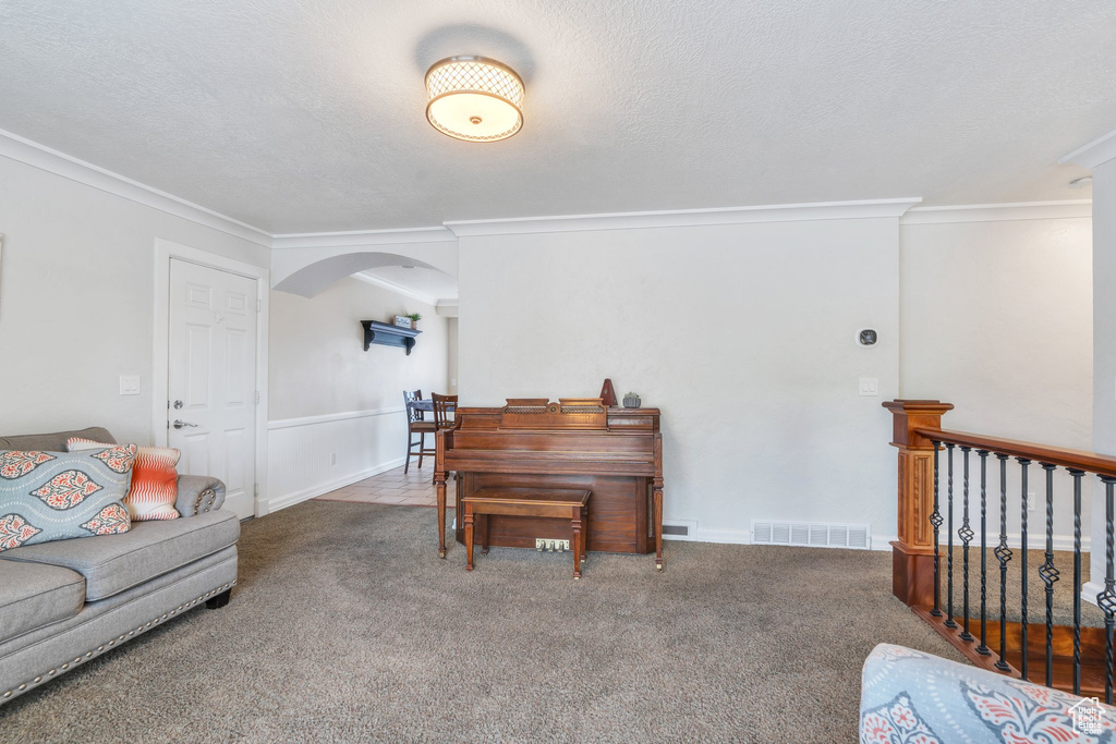 Carpeted living room with arched walkways, ornamental molding, a textured ceiling, and visible vents