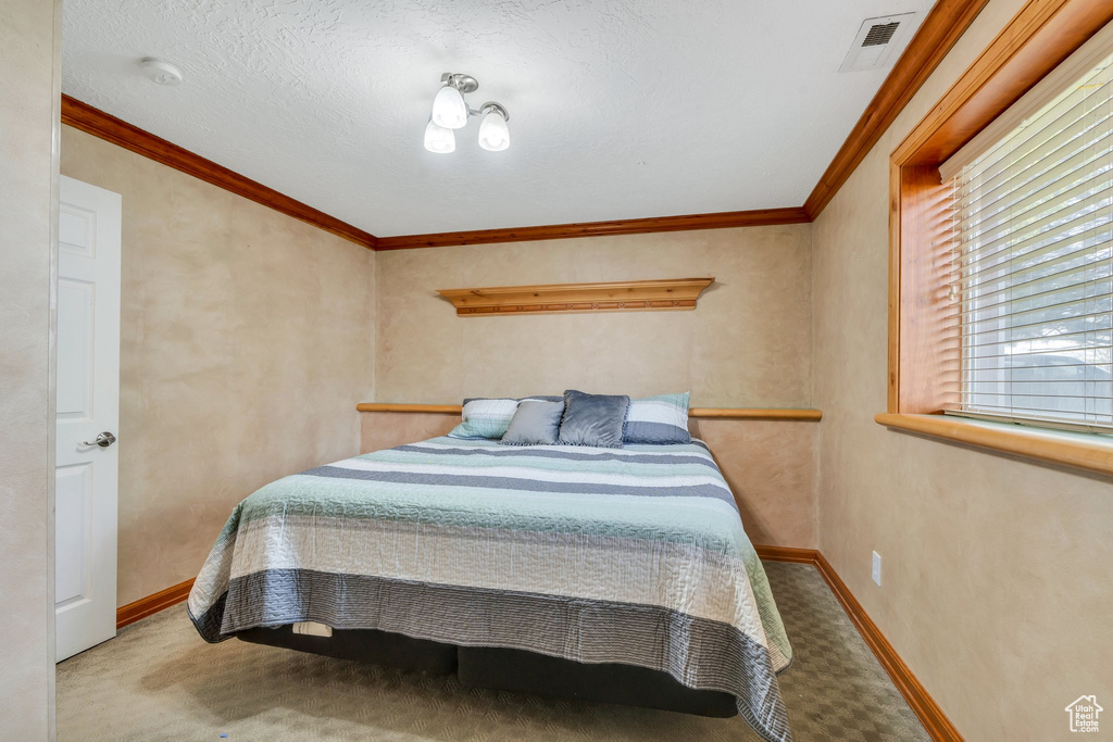 Bedroom with carpet floors, baseboards, visible vents, and ornamental molding