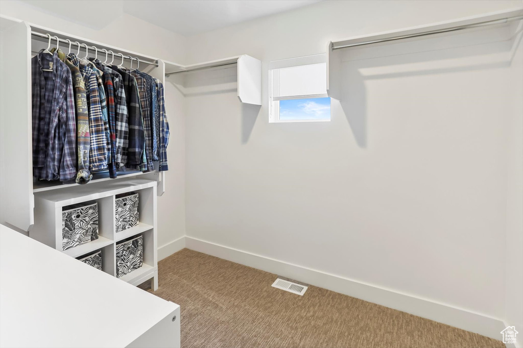 Spacious closet featuring carpet flooring and visible vents
