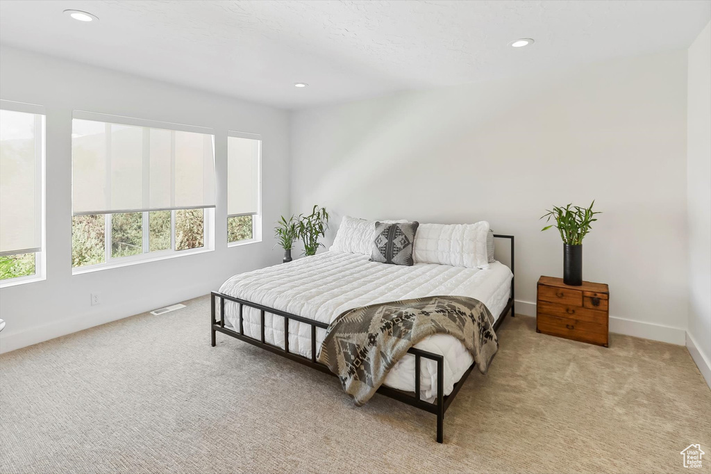 Bedroom featuring baseboards, multiple windows, and carpet flooring