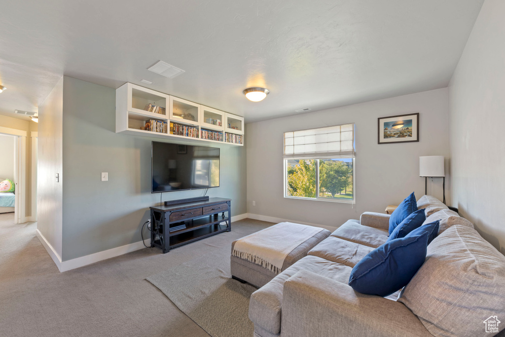 Living area with carpet floors, baseboards, and visible vents