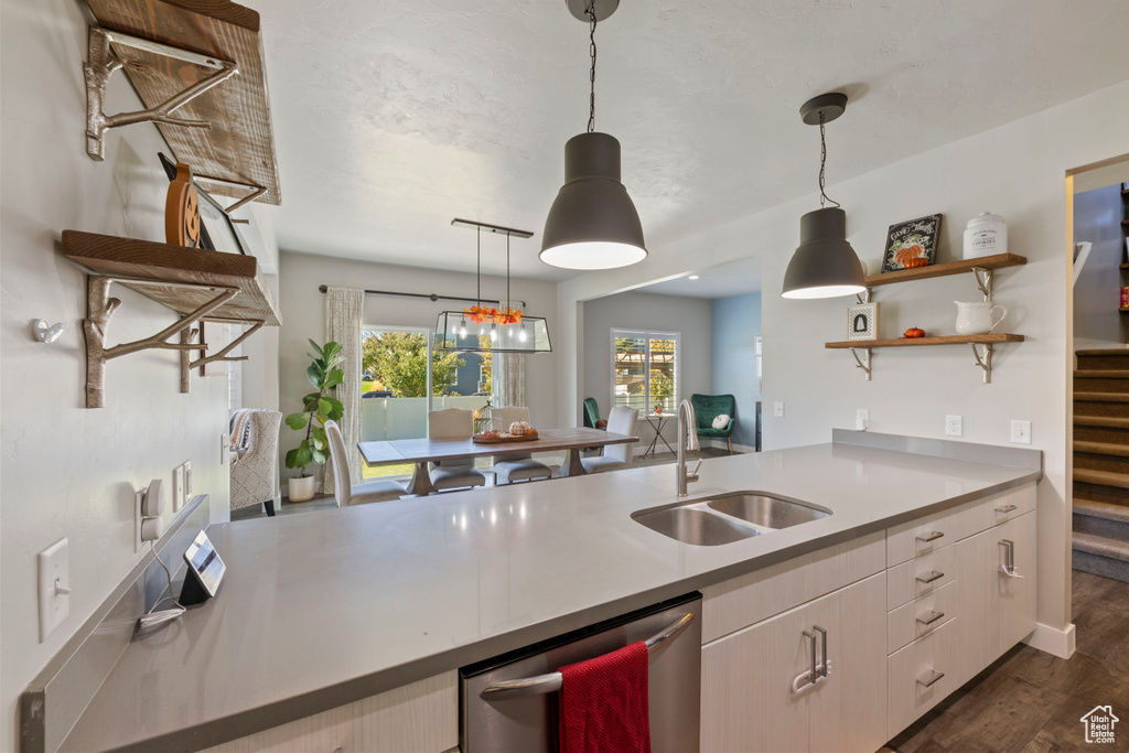 Kitchen with plenty of natural light, open shelves, dishwasher, a sink, and light countertops