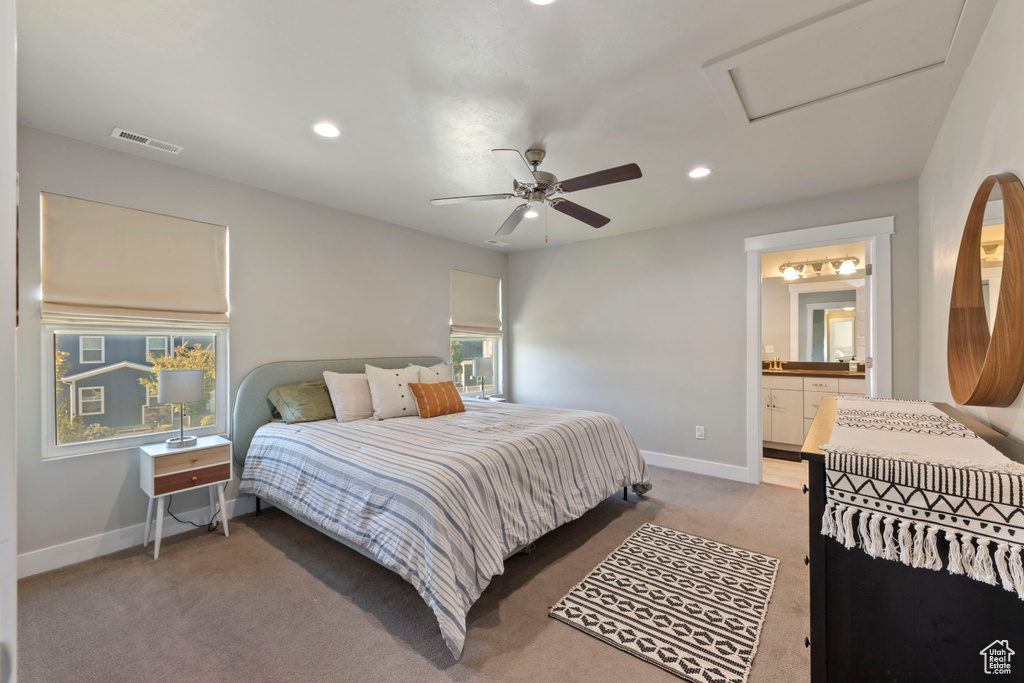 Bedroom with carpet, attic access, recessed lighting, and visible vents