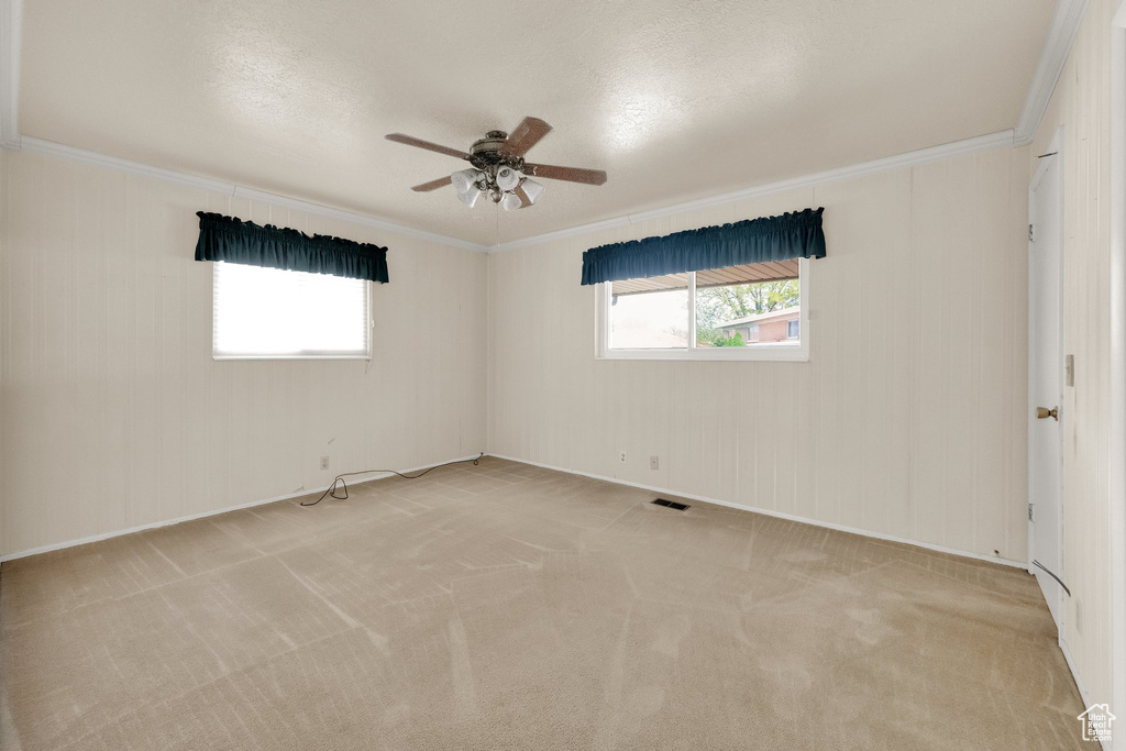 Carpeted empty room featuring crown molding, ceiling fan, and visible vents