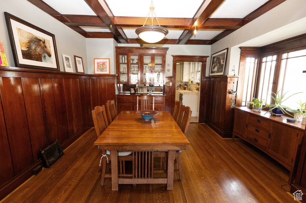 Dining space with wainscoting, coffered ceiling, and beam ceiling