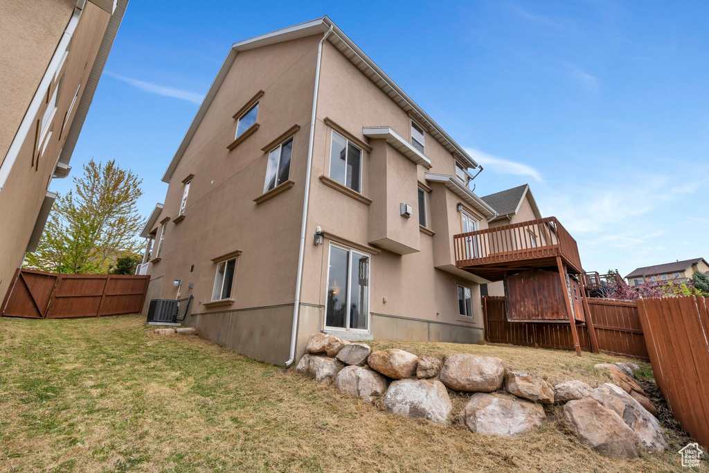 Rear view of house with a lawn, a fenced backyard, central air condition unit, and stucco siding