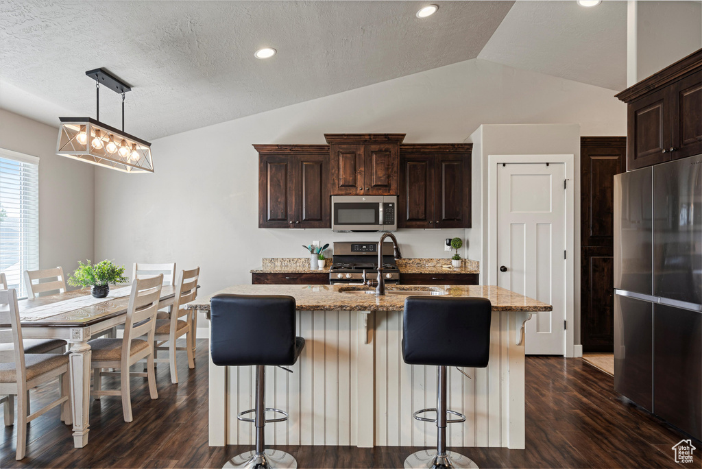 Kitchen with a sink, dark wood finished floors, appliances with stainless steel finishes, and vaulted ceiling