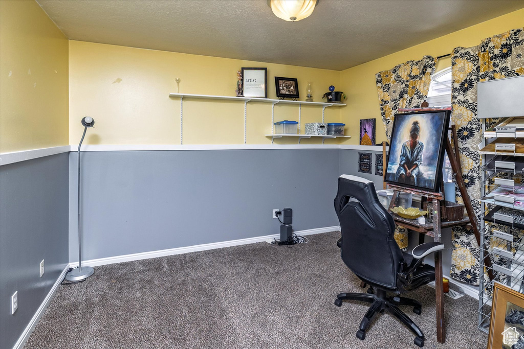 Carpeted office space featuring baseboards and a textured ceiling